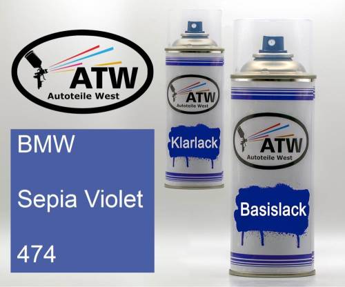 BMW, Sepia Violet, 474: 400ml Sprühdose + 400ml Klarlack - Set, von ATW Autoteile West.